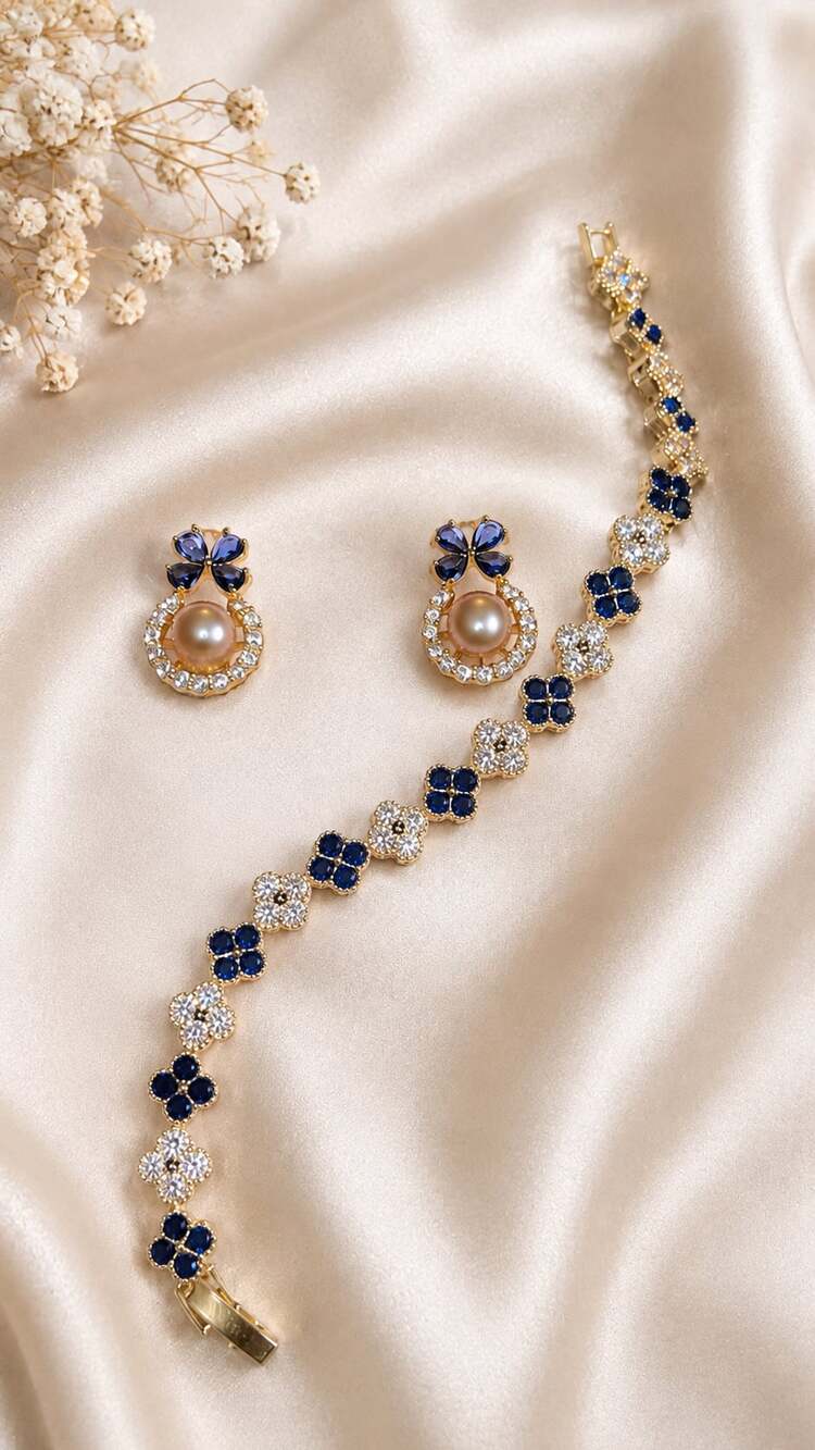 Azure Set with Pearl Earrings & Blue Clover Bracelet